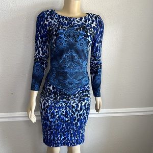 David Meister Dress Blue & Black Leopard Medallion Side Ruching Size 2